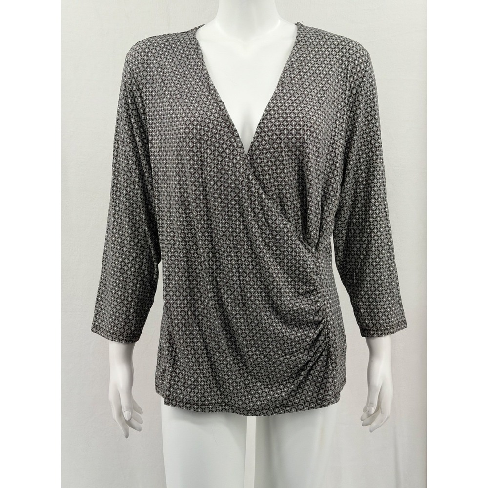 Talbots Top Womens 1X Brown Geometric Surplice 3/4 Sleeve V-Neck Stretch Office